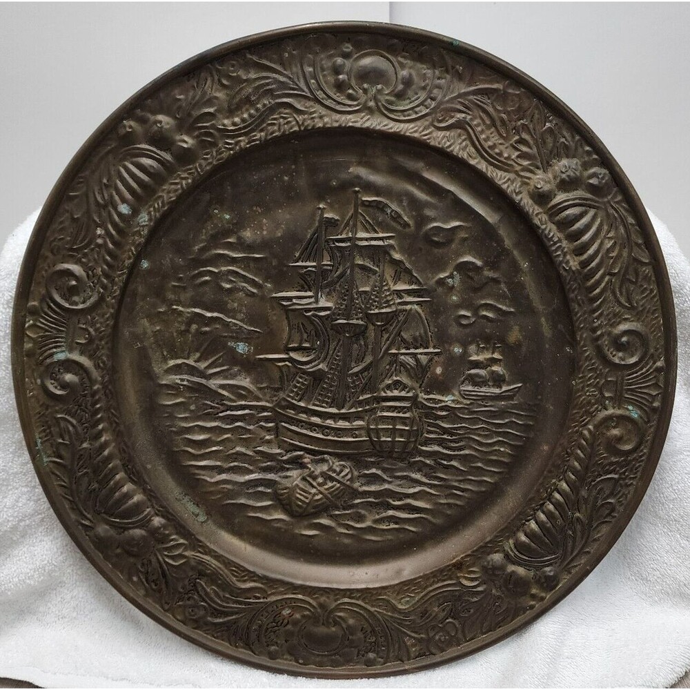 Vintage 1950s Brass Metal Nautical Ship Wall Hanging Tray Made in England